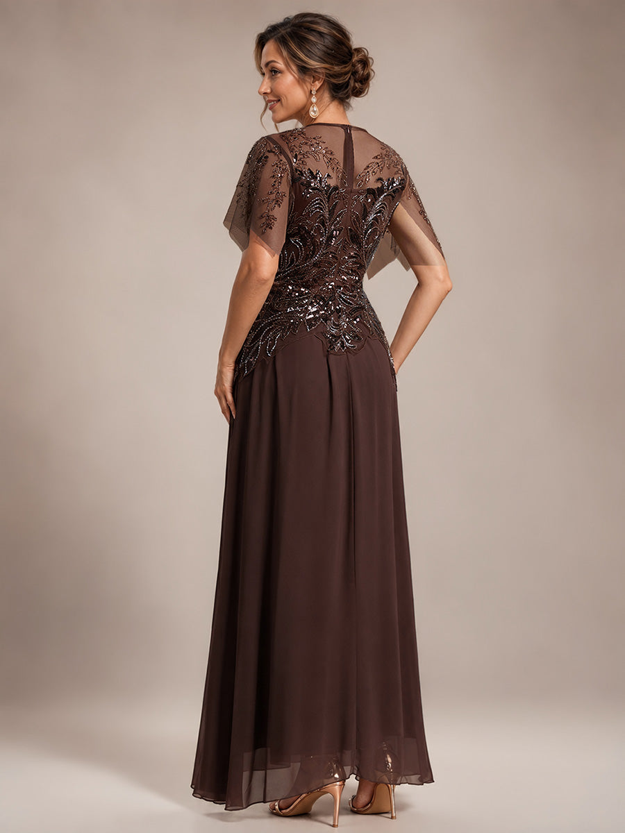 Maxikleid Mit Rundhalsausschnitt A-Linien Schnitt Tüllstoff Patchwork Und Pailletten Details Transparente Gestaltung #Farbe_Braun