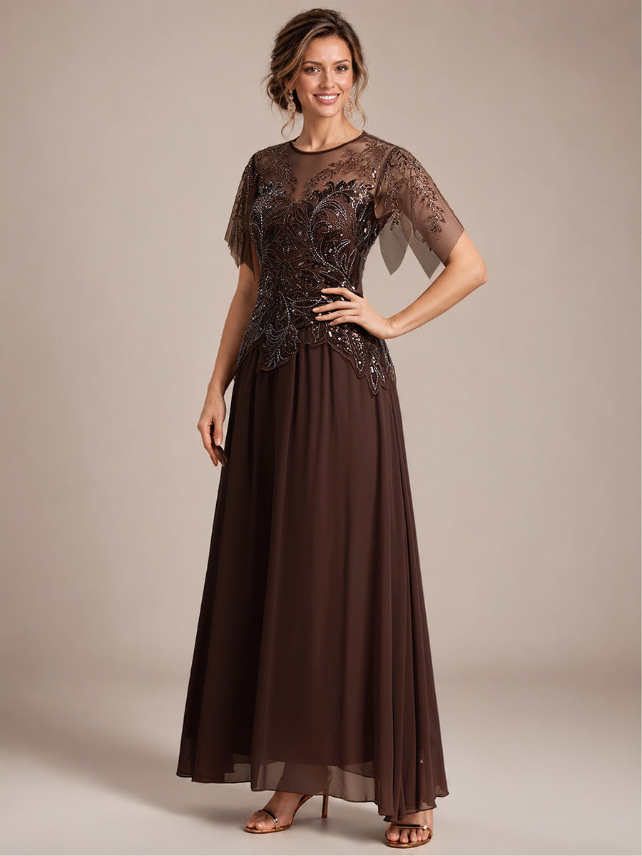 Maxikleid Mit Rundhalsausschnitt A-Linien Schnitt Tüllstoff Patchwork Und Pailletten Details Transparente Gestaltung #Farbe_Braun