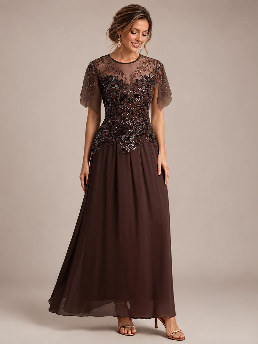 Maxikleid Mit Rundhalsausschnitt A-Linien Schnitt Tüllstoff Patchwork Und Pailletten Details Transparente Gestaltung #Farbe_Braun