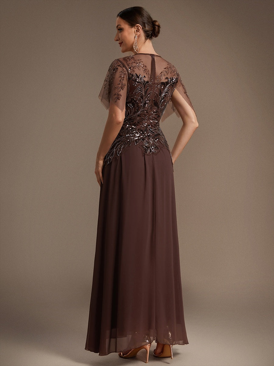 Maxikleid Mit Rundhalsausschnitt A-Linien Schnitt Tüllstoff Patchwork Und Pailletten Details Transparente Gestaltung #Farbe_Braun