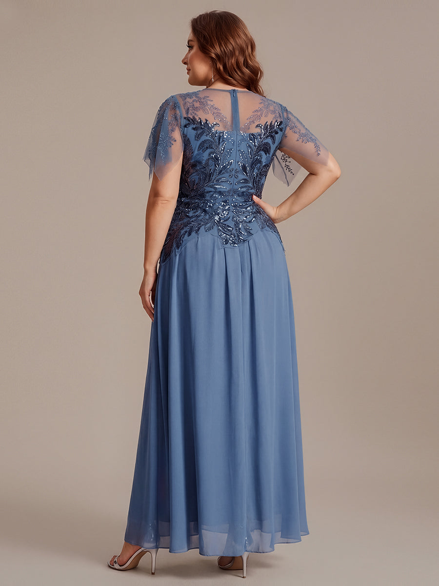 Plus Size Maxilänge A-Line Kleid Rundhalsausschnitt Tüll Patchwork Pailletten Transparente Details #Farbe_Taubenblau