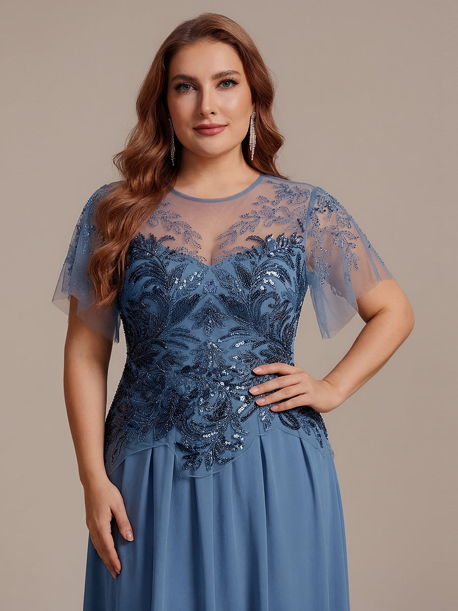 Plus Size Maxilänge A-Line Kleid Rundhalsausschnitt Tüll Patchwork Pailletten Transparente Details #Farbe_Taubenblau