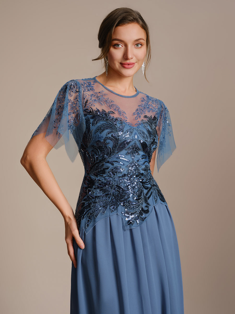 Maxilänge Aline Kleid Rundhalsausschnitt Tüll Patchwork Pailletten Transparente Details #Farbe_Taubenblau