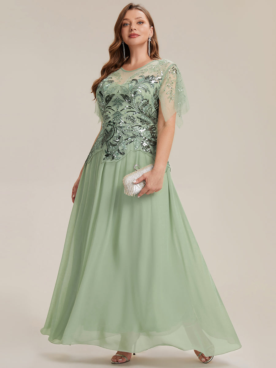 Plus Size Maxilänge A-Line Kleid Rundhalsausschnitt Tüll Patchwork Pailletten Transparente Details #Farbe_Mintgrün