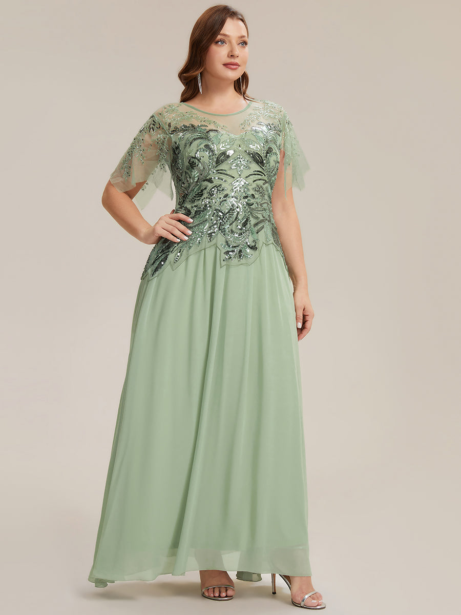 Plus Size Maxilänge A-Line Kleid Rundhalsausschnitt Tüll Patchwork Pailletten Transparente Details #Farbe_Mintgrün