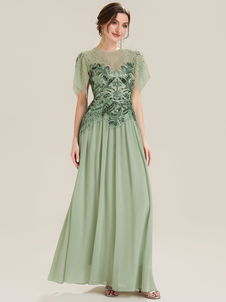 Maxilänge Aline Kleid Rundhalsausschnitt Tüll Patchwork Pailletten Transparente Details #Farbe_Mintgrün