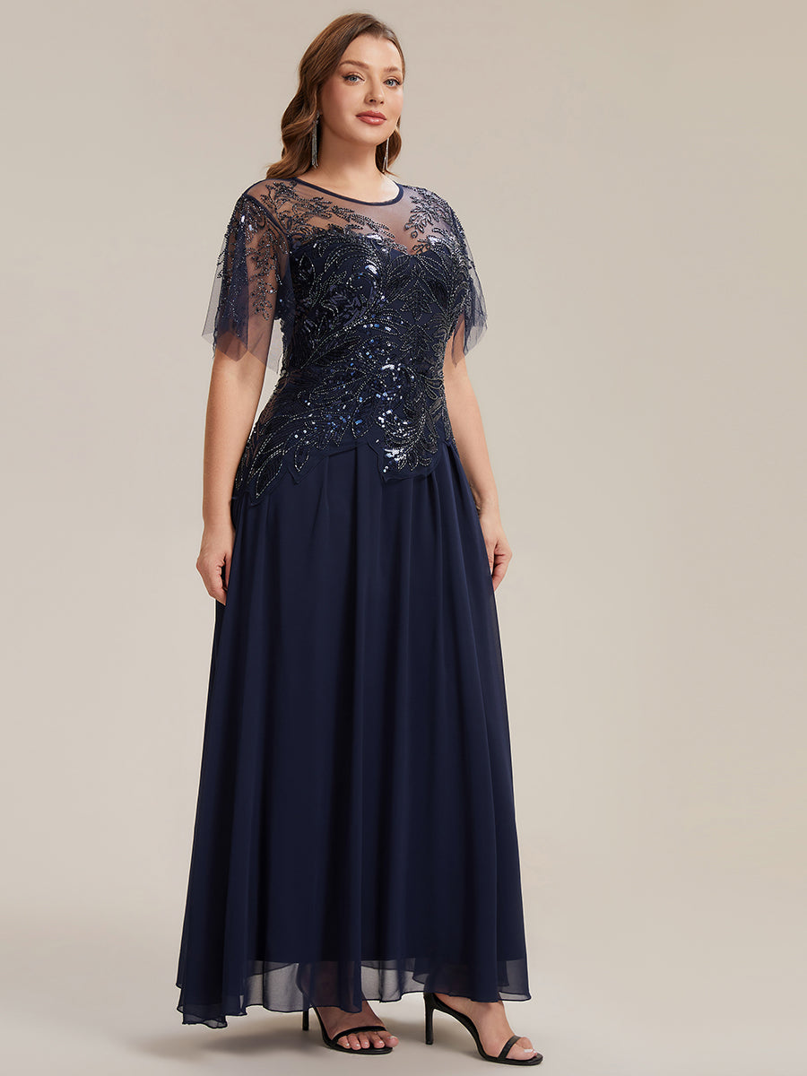 Plus Size Maxilänge A-Line Kleid Rundhalsausschnitt Tüll Patchwork Pailletten Transparente Details #Farbe_Marineblau