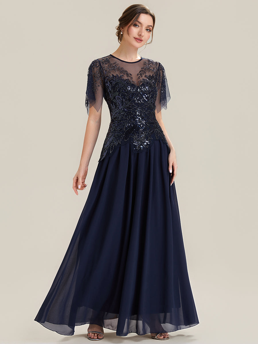 Maxilänge Aline Kleid Rundhalsausschnitt Tüll Patchwork Pailletten Transparente Details #Farbe_Marineblau