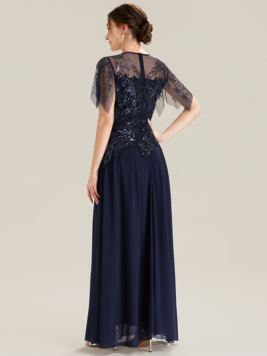 Maxilänge Aline Kleid Rundhalsausschnitt Tüll Patchwork Pailletten Transparente Details #Farbe_Marineblau