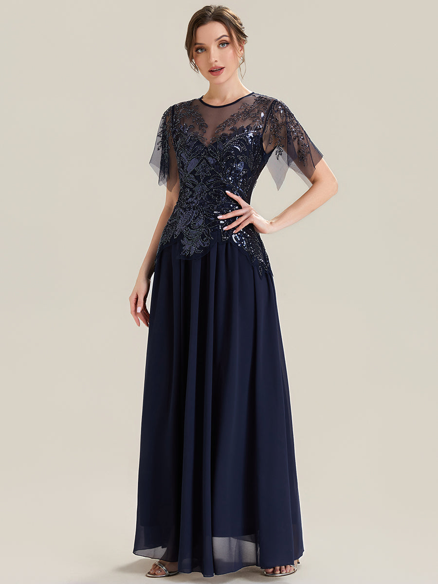 Maxilänge Aline Kleid Rundhalsausschnitt Tüll Patchwork Pailletten Transparente Details #Farbe_Marineblau