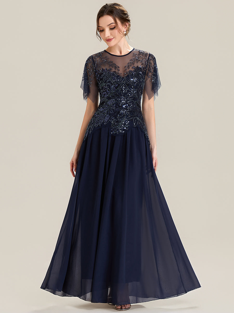 Maxikleid Mit Rundhalsausschnitt A-Linien Schnitt Tüllstoff Patchwork Und Pailletten Details Transparente Gestaltung #Farbe_Marineblau