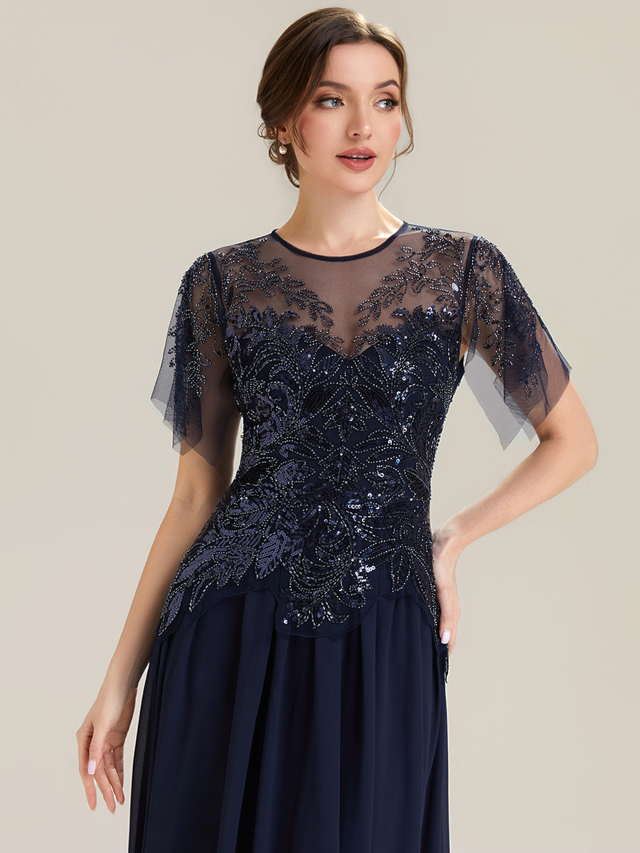 Maxikleid Mit Rundhalsausschnitt A-Linien Schnitt Tüllstoff Patchwork Und Pailletten Details Transparente Gestaltung #Farbe_Marineblau