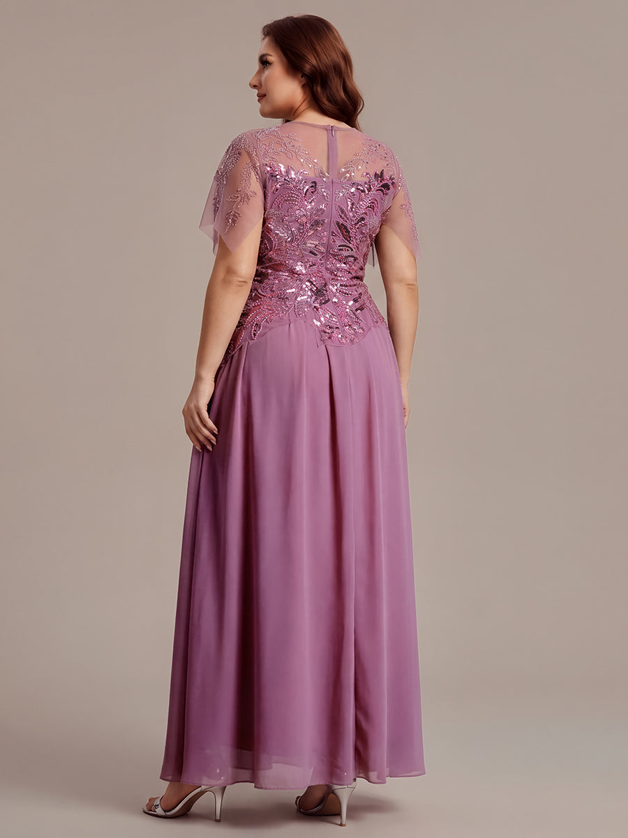 Plus Size Maxilänge A-Line Kleid Rundhalsausschnitt Tüll Patchwork Pailletten Transparente Details #Farbe_Orchideenviolett