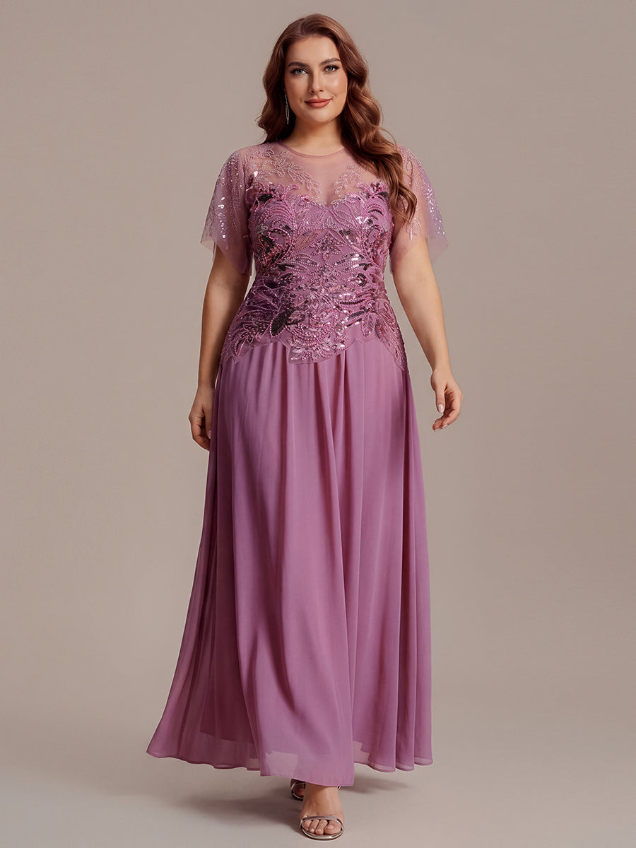 Plus Size Maxilänge A-Line Kleid Rundhalsausschnitt Tüll Patchwork Pailletten Transparente Details #Farbe_Orchideenviolett