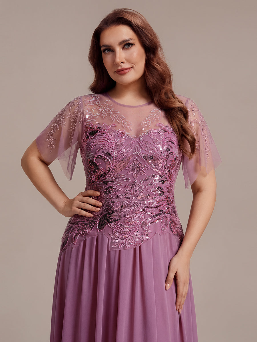 Maxikleid Mit Rundhalsausschnitt A-Linien Schnitt Tüllstoff Patchwork Und Pailletten Details Transparente Gestaltung #Farbe_Orchideenviolett