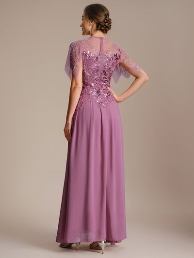 Maxikleid Mit Rundhalsausschnitt A-Linien Schnitt Tüllstoff Patchwork Und Pailletten Details Transparente Gestaltung #Farbe_Orchideenviolett