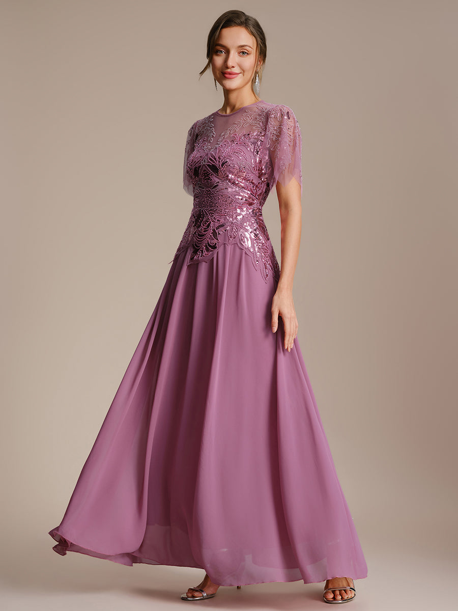 Maxikleid Mit Rundhalsausschnitt A-Linien Schnitt Tüllstoff Patchwork Und Pailletten Details Transparente Gestaltung #Farbe_Orchideenviolett