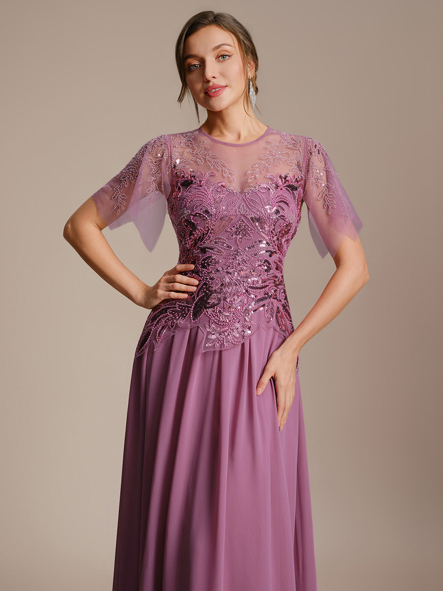 Maxikleid Mit Rundhalsausschnitt A-Linien Schnitt Tüllstoff Patchwork Und Pailletten Details Transparente Gestaltung #Farbe_Orchideenviolett