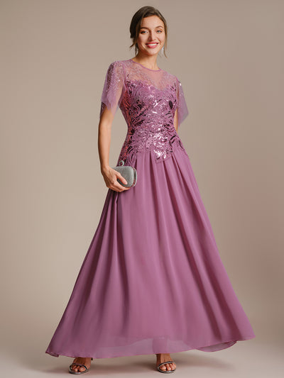 Maxikleid Mit Rundhalsausschnitt A-Linien Schnitt Tüllstoff Patchwork Und Pailletten Details Transparente Gestaltung #Farbe_Orchideenviolett