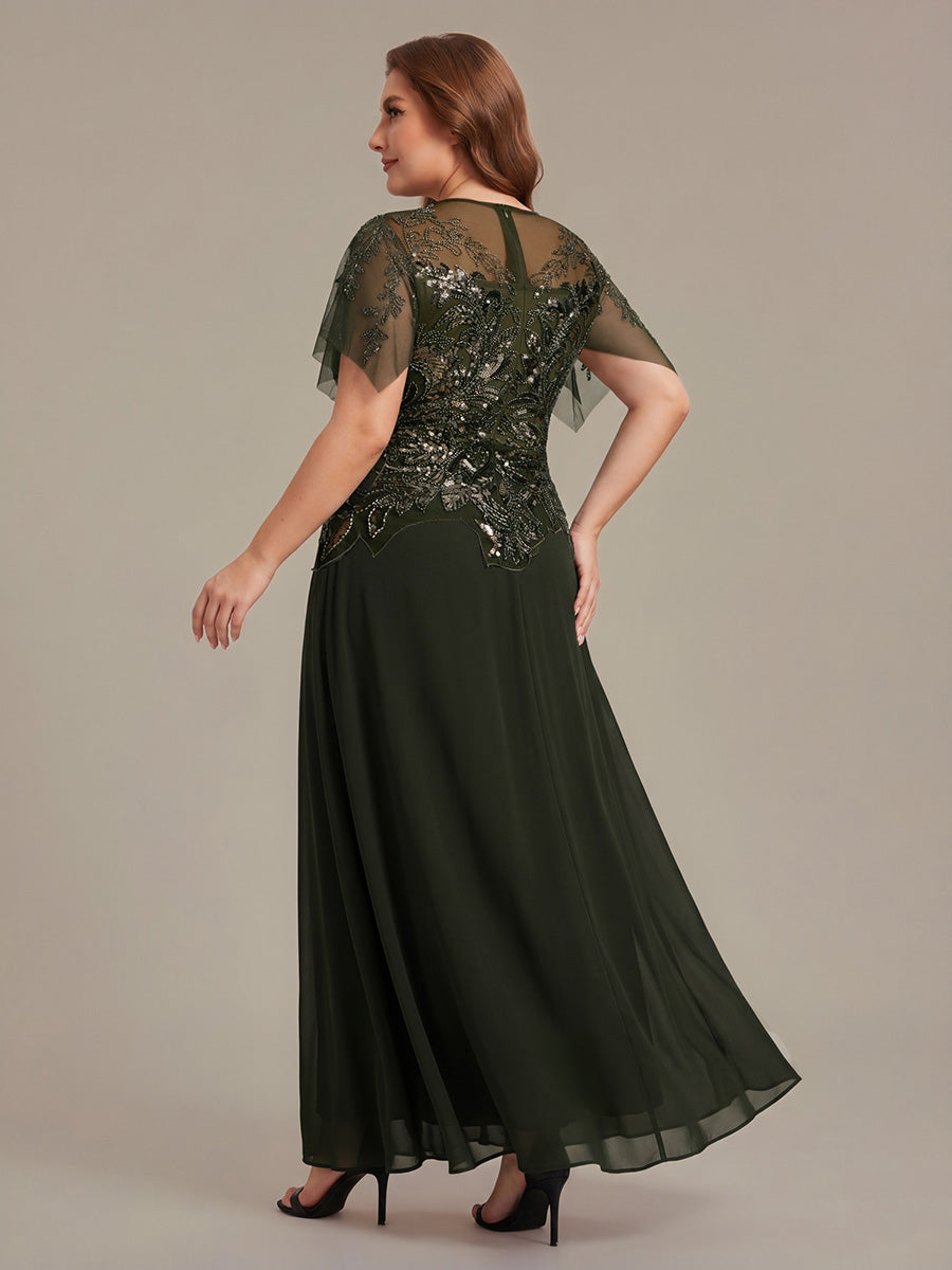 Plus Size Maxilänge A-Line Kleid Rundhalsausschnitt Tüll Patchwork Pailletten Transparente Details #Farbe_Olivgrün
