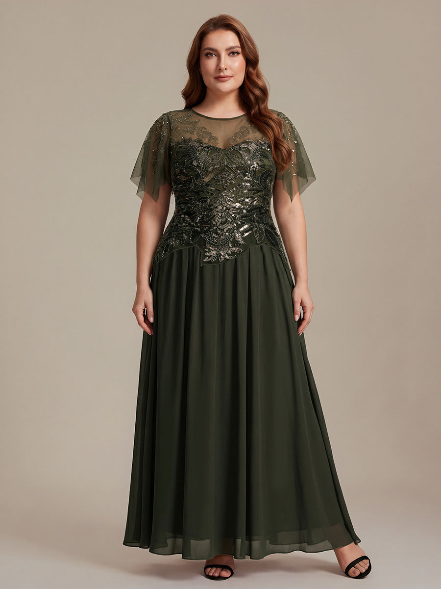 Maxikleid Mit Rundhalsausschnitt A-Linien Schnitt Tüllstoff Patchwork Und Pailletten Details Transparente Gestaltung #Farbe_Olivgrün