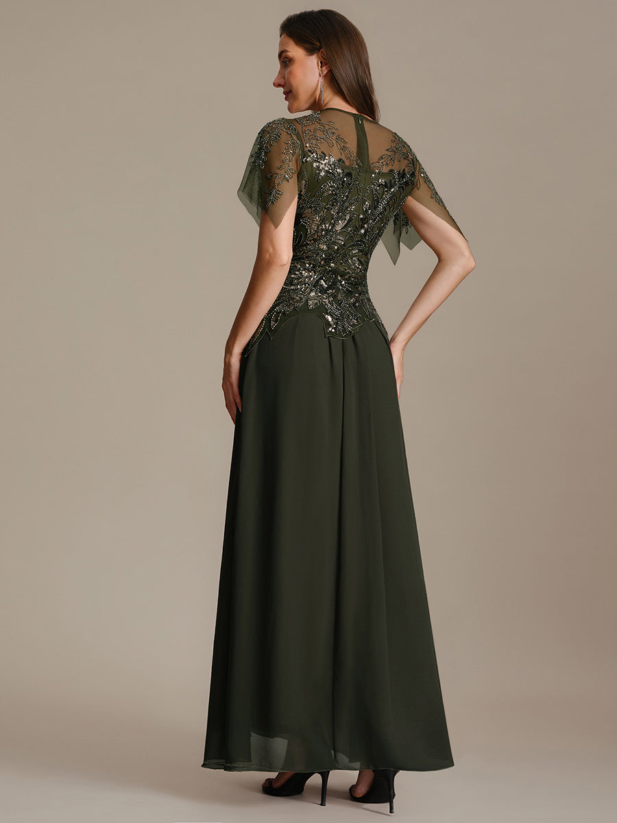 Maxilänge Aline Kleid Rundhalsausschnitt Tüll Patchwork Pailletten Transparente Details #Farbe_Olivgrün