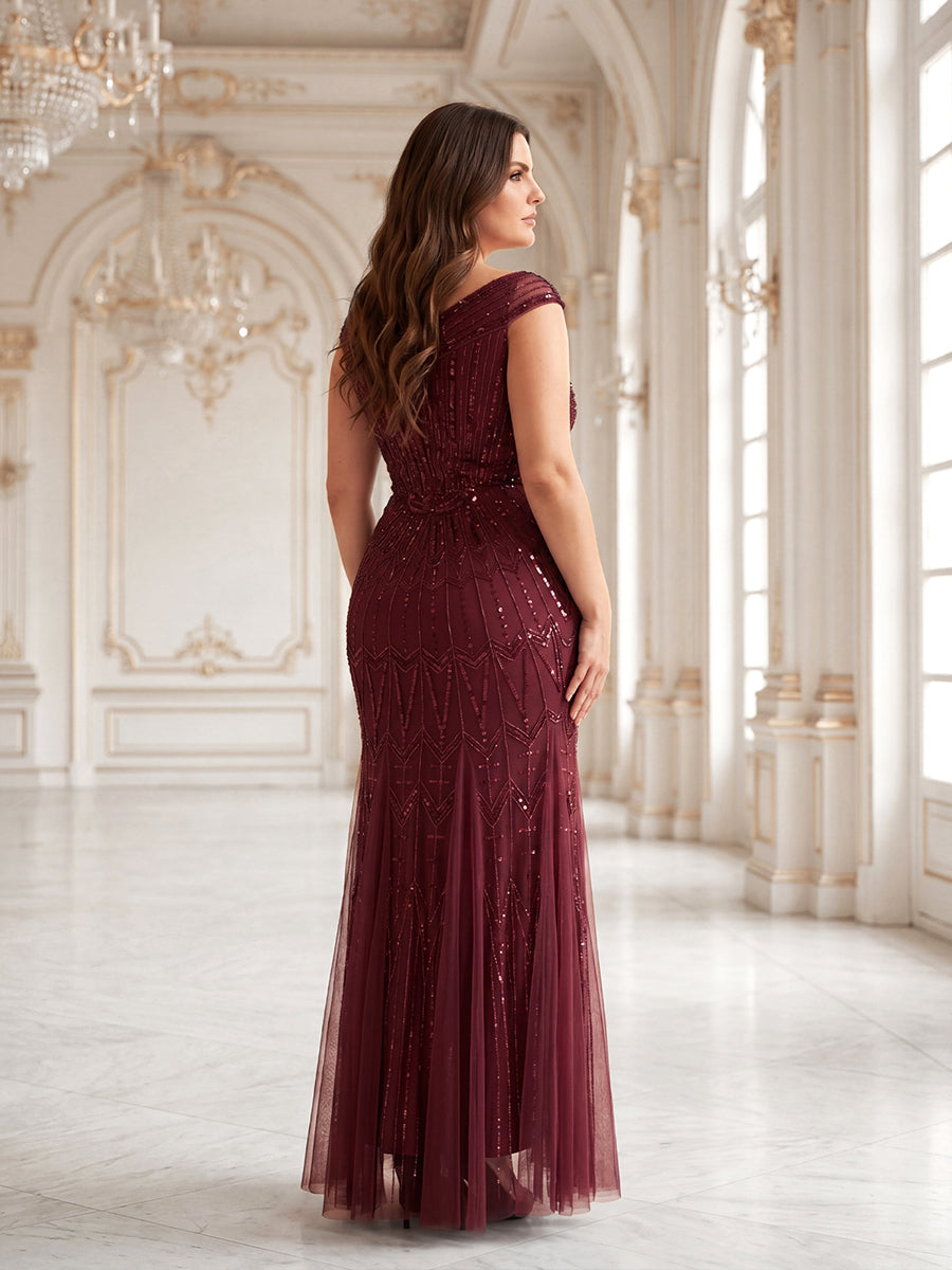 Maxil?nge Meerjungfrau Kleid V Ausschnitt T¨¹ll Verziert Pailletten Perlen #Farbe_Burgunderrot