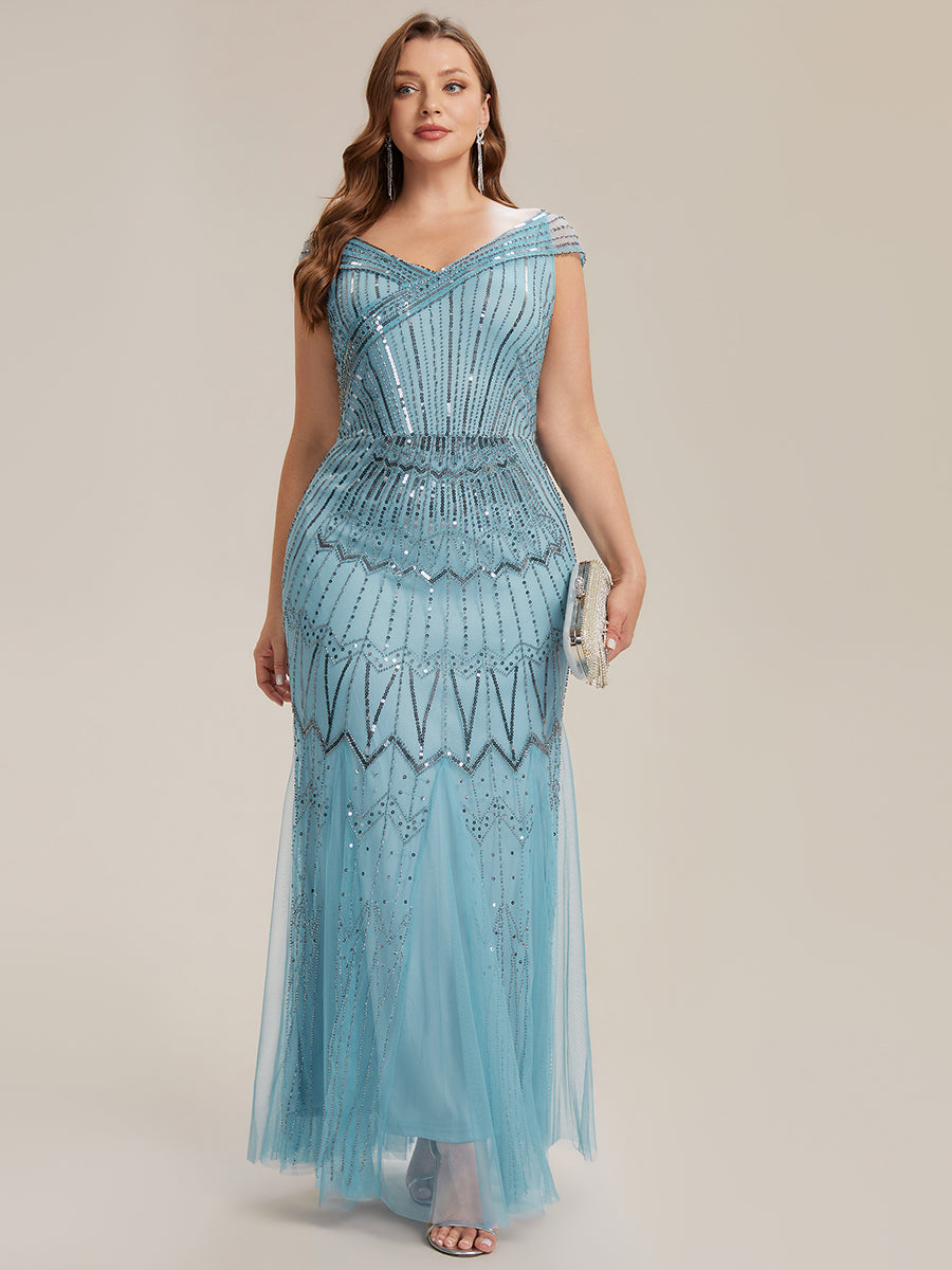 Maxil?nge Meerjungfrau Kleid V Ausschnitt T¨¹ll Verziert Pailletten Perlen #Farbe_Himmelblau