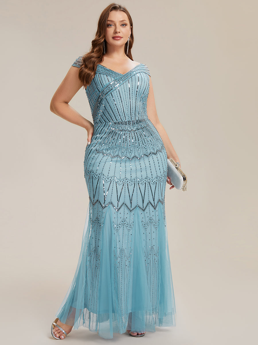 Maxil?nge Meerjungfrau Kleid V Ausschnitt T¨¹ll Verziert Pailletten Perlen #Farbe_Himmelblau
