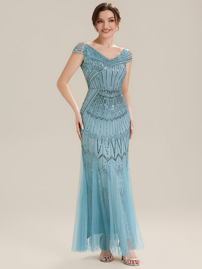 Maxil?nge Meerjungfrau Kleid V Ausschnitt T¨¹ll Verziert Pailletten Perlen #Farbe_Himmelblau