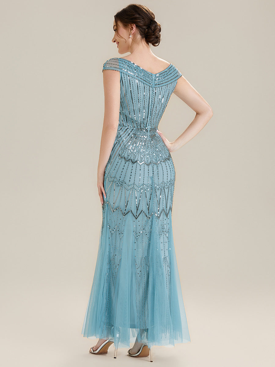 Maxil?nge Meerjungfrau Kleid V Ausschnitt T¨¹ll Verziert Pailletten Perlen #Farbe_Himmelblau