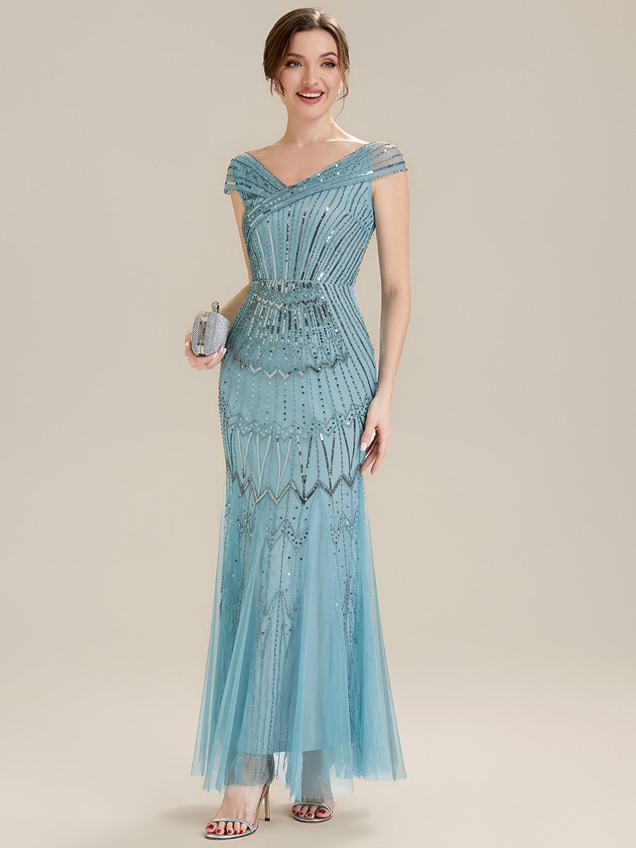 Maxil?nge Meerjungfrau Kleid V Ausschnitt T¨¹ll Verziert Pailletten Perlen #Farbe_Himmelblau