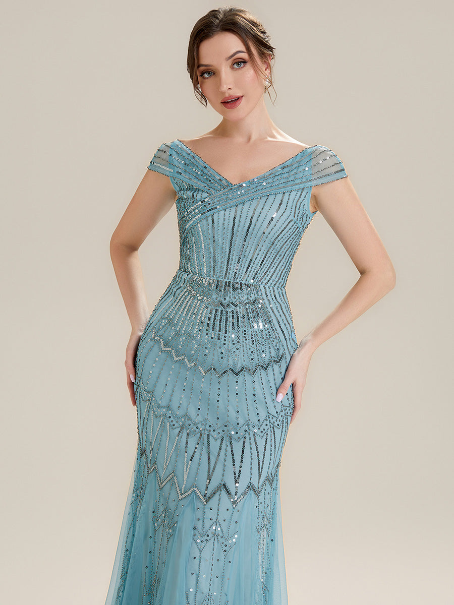 Maxil?nge Meerjungfrau Kleid V Ausschnitt T¨¹ll Verziert Pailletten Perlen #Farbe_Himmelblau