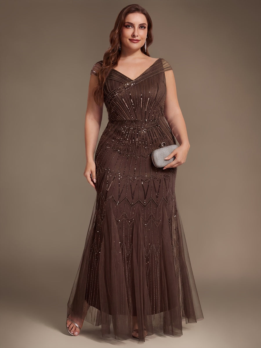 Maxil?nge Meerjungfrau Kleid V Ausschnitt T¨¹ll Verziert Pailletten Perlen #Farbe_Braun