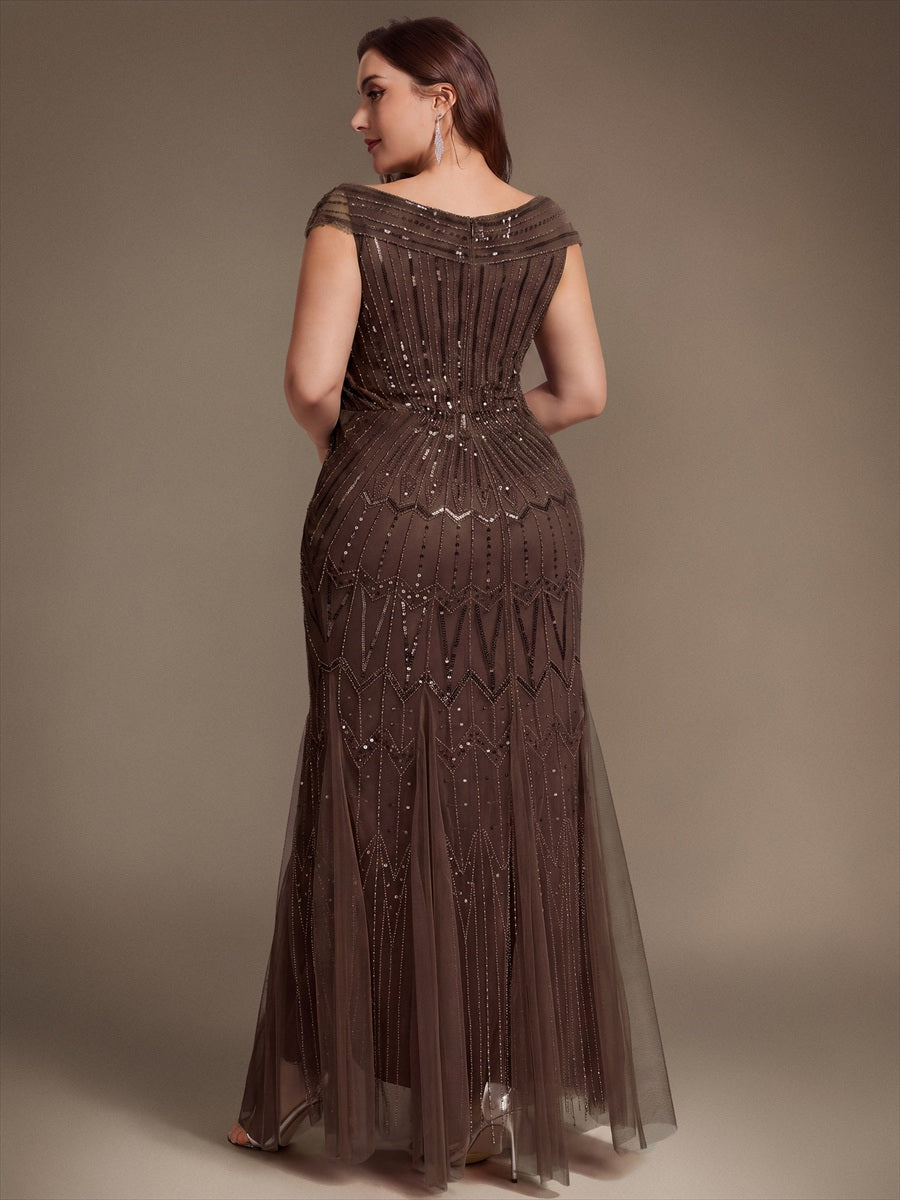 Maxil?nge Meerjungfrau Kleid V Ausschnitt T¨¹ll Verziert Pailletten Perlen #Farbe_Braun