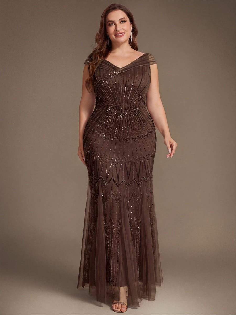Maxil?nge Meerjungfrau Kleid V Ausschnitt T¨¹ll Verziert Pailletten Perlen #Farbe_Braun