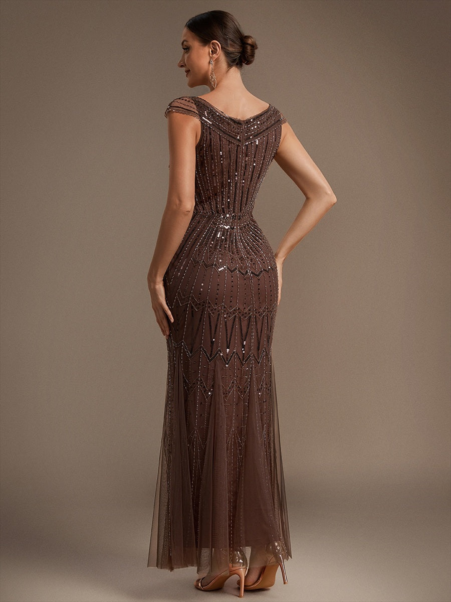 Maxil?nge Meerjungfrau Kleid V Ausschnitt T¨¹ll Verziert Pailletten Perlen #Farbe_Braun