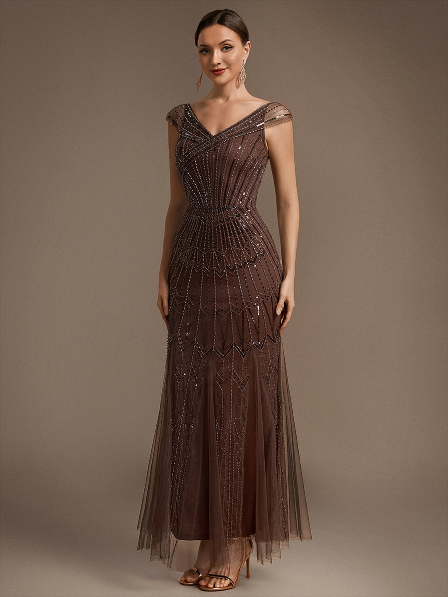 Maxil?nge Meerjungfrau Kleid V Ausschnitt T¨¹ll Verziert Pailletten Perlen #Farbe_Braun