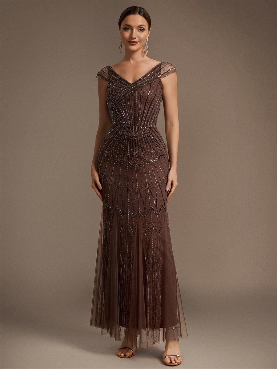 Maxil?nge Meerjungfrau Kleid V Ausschnitt T¨¹ll Verziert Pailletten Perlen #Farbe_Braun