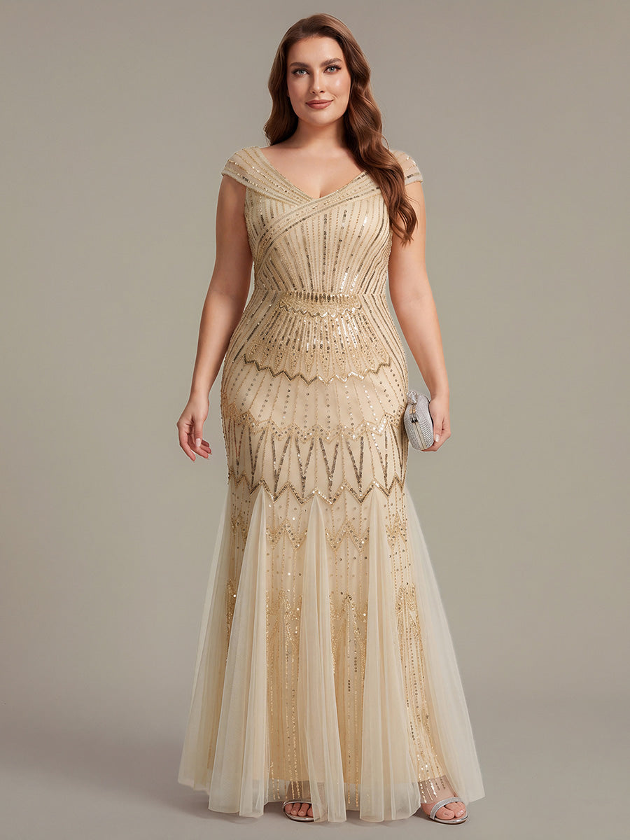 Maxil?nge Meerjungfrau Kleid V Ausschnitt T¨¹ll Verziert Pailletten Perlen #Farbe_Gold