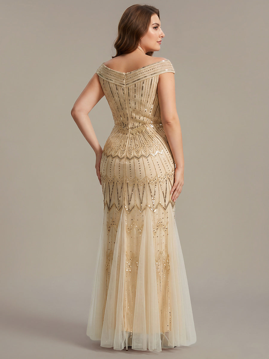 Maxil?nge Meerjungfrau Kleid V Ausschnitt T¨¹ll Verziert Pailletten Perlen #Farbe_Gold