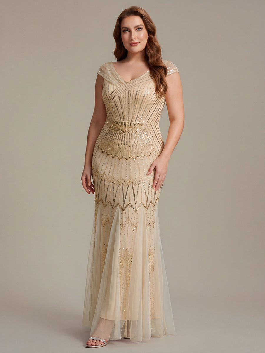 Maxil?nge Meerjungfrau Kleid V Ausschnitt T¨¹ll Verziert Pailletten Perlen #Farbe_Gold