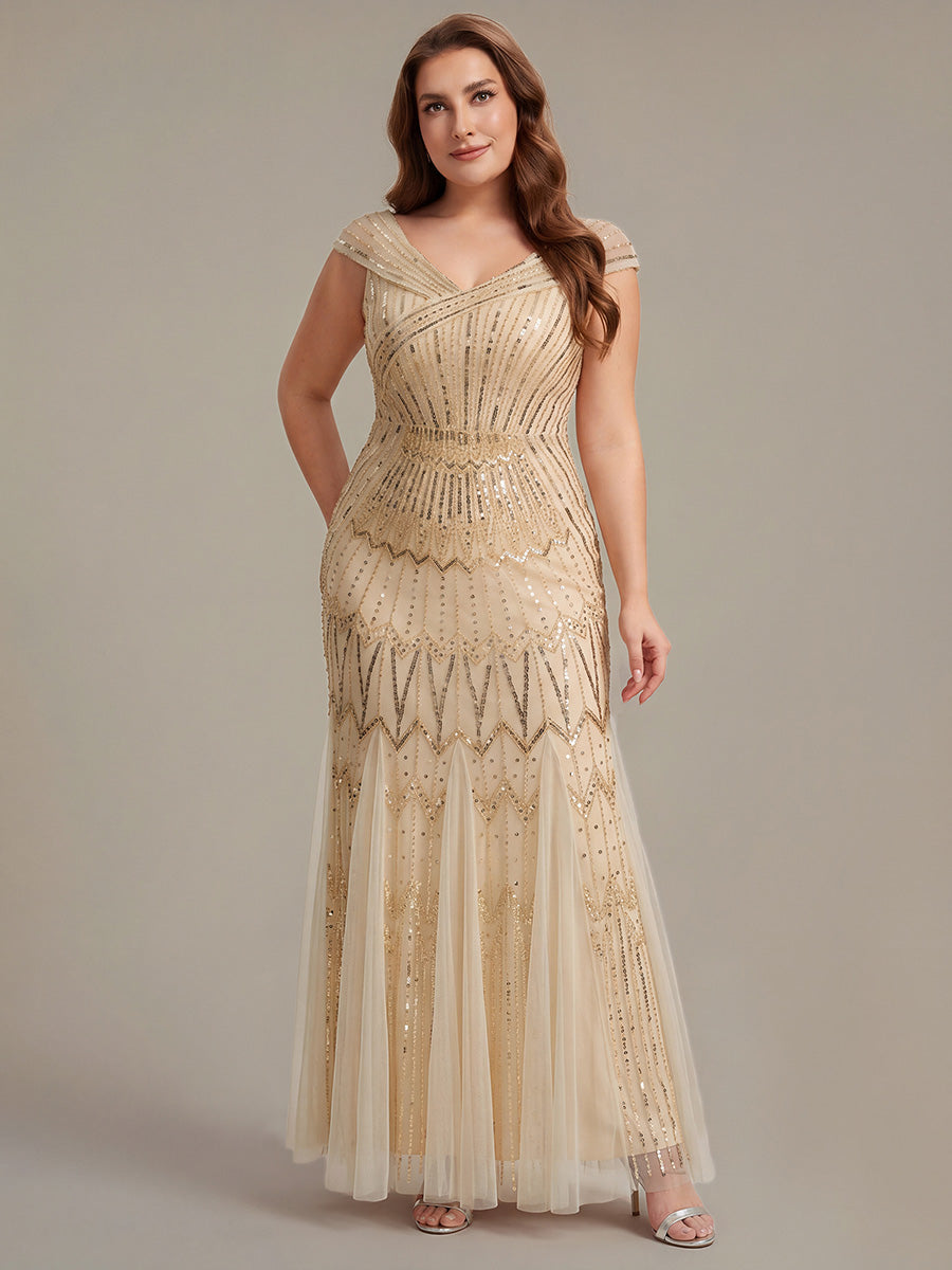 Maxil?nge Meerjungfrau Kleid V Ausschnitt T¨¹ll Verziert Pailletten Perlen #Farbe_Gold