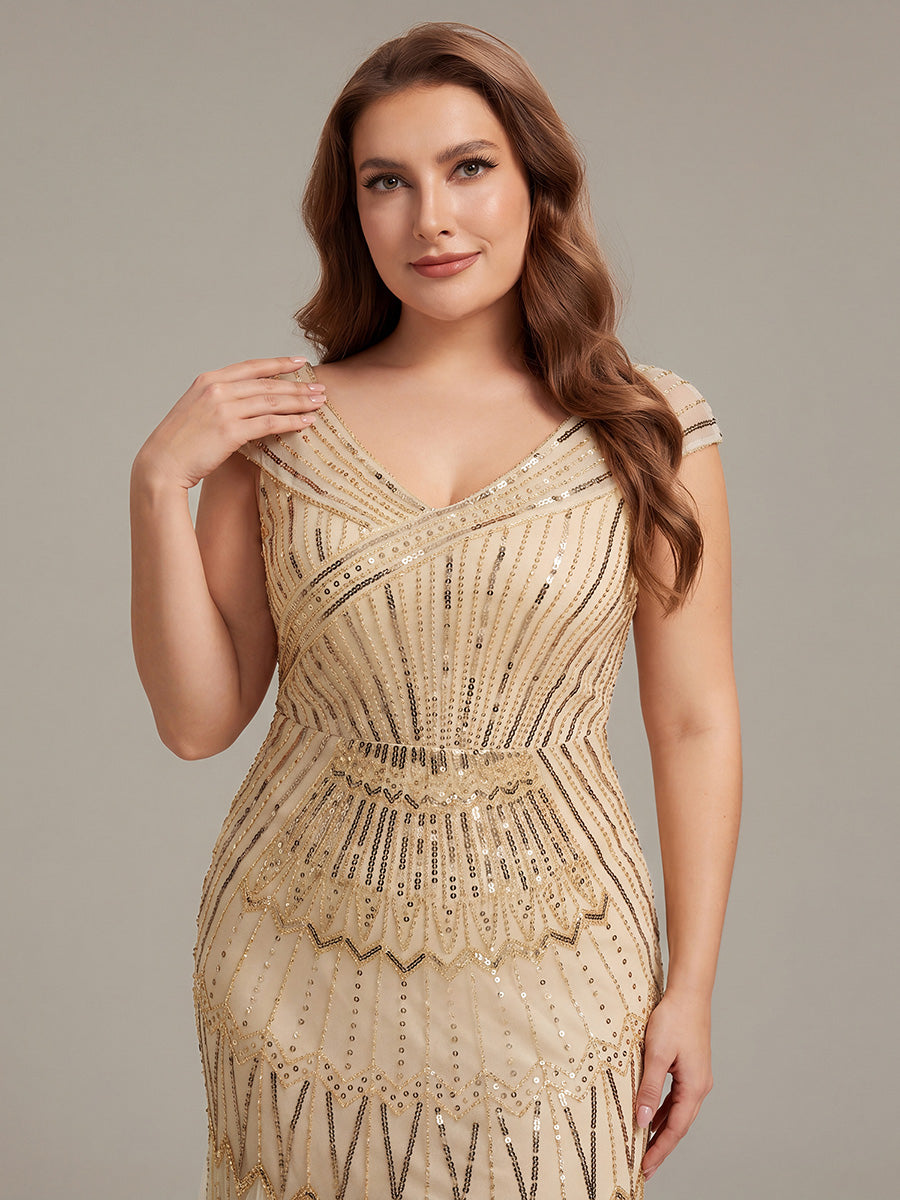 Maxil?nge Meerjungfrau Kleid V Ausschnitt T¨¹ll Verziert Pailletten Perlen #Farbe_Gold