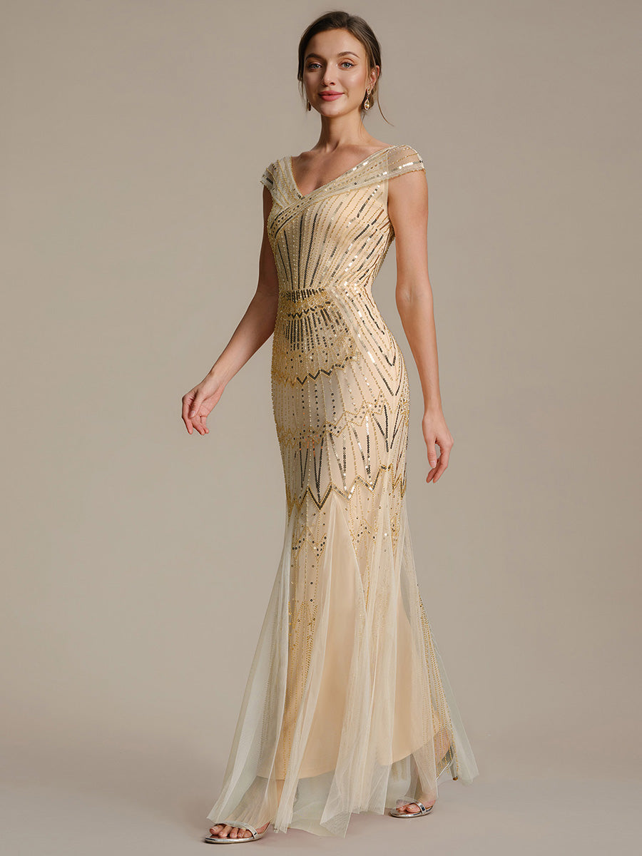 Maxil?nge Meerjungfrau Kleid V Ausschnitt T¨¹ll Verziert Pailletten Perlen #Farbe_Gold