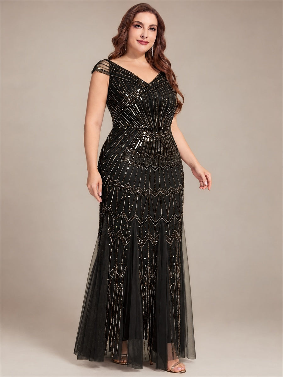 Maxil?nge Meerjungfrau Kleid V Ausschnitt T¨¹ll Verziert Pailletten Perlen #Farbe_Schwarz & Gold