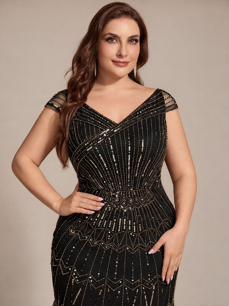 Maxil?nge Meerjungfrau Kleid V Ausschnitt T¨¹ll Verziert Pailletten Perlen #Farbe_Schwarz & Gold