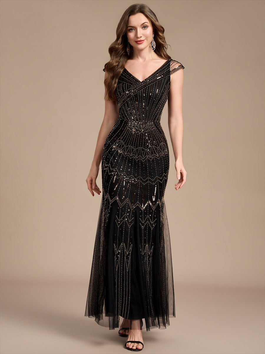 Maxil?nge Meerjungfrau Kleid V Ausschnitt T¨¹ll Verziert Pailletten Perlen #Farbe_Schwarz & Gold