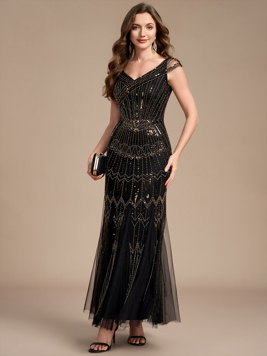 Maxil?nge Meerjungfrau Kleid V Ausschnitt T¨¹ll Verziert Pailletten Perlen #Farbe_Schwarz & Gold