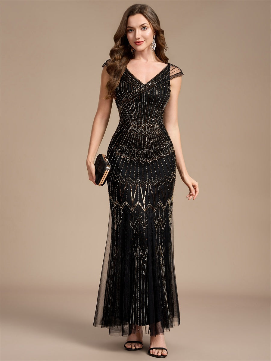 Maxil?nge Meerjungfrau Kleid V Ausschnitt T¨¹ll Verziert Pailletten Perlen #Farbe_Schwarz & Gold